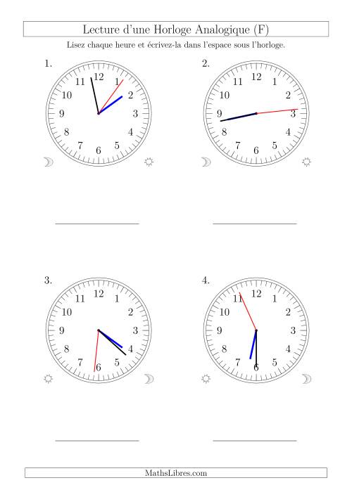 Lecture de l'Heure sur Une Horloge Analogique avec 1 Minute  Seconde d'Intervalle (4 Horloges) (F)