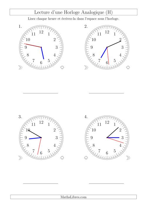 Lecture de l'Heure sur Une Horloge Analogique avec 1 Minute  Seconde d'Intervalle (4 Horloges) (H)
