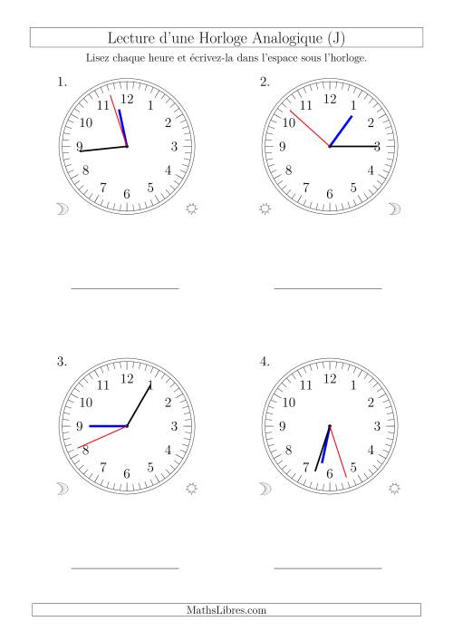 Lecture de l'Heure sur Une Horloge Analogique avec 1 Minute  Seconde d'Intervalle (4 Horloges) (J)