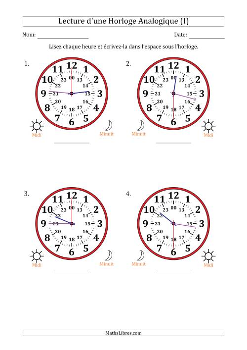 Lecture de l'Heure sur Une Horloge Analogique utilisant le système horaire sur 24 heures avec 30 Secondes d'Intervalle (4 Horloges) (I)