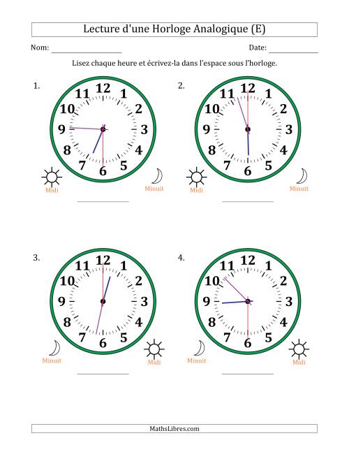Lecture de l'Heure sur Une Horloge Analogique utilisant le système horaire sur 12 heures avec 30 Secondes d'Intervalle (4 Horloges) (E)