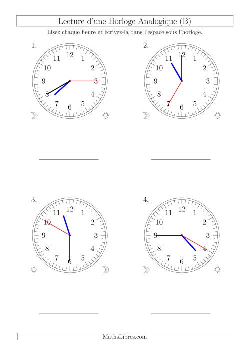 Lecture de l'Heure sur Une Horloge Analogique avec 5 Minutes  & Secondes d'Intervalle (4 Horloges) (B)