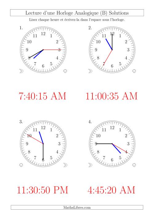 Lecture de l'Heure sur Une Horloge Analogique avec 5 Minutes  & Secondes d'Intervalle (4 Horloges) (B) page 2