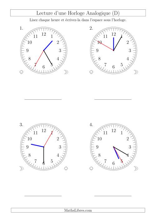 Lecture de l'Heure sur Une Horloge Analogique avec 5 Minutes  & Secondes d'Intervalle (4 Horloges) (D)