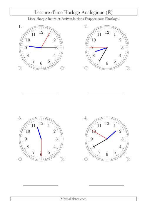 Lecture de l'Heure sur Une Horloge Analogique avec 5 Minutes  & Secondes d'Intervalle (4 Horloges) (E)