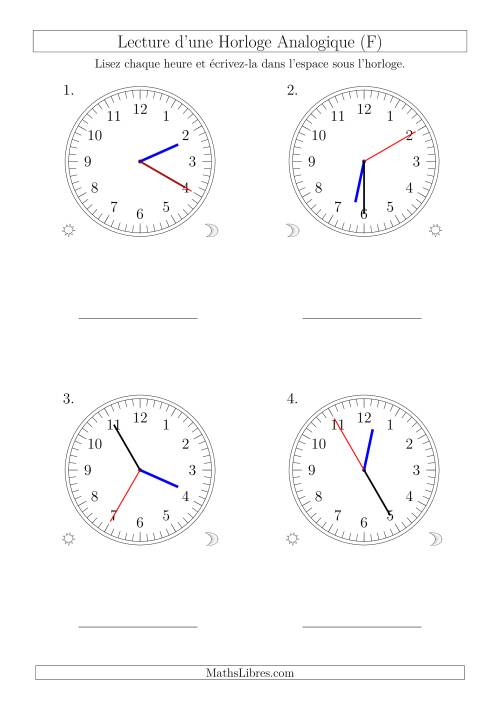 Lecture de l'Heure sur Une Horloge Analogique avec 5 Minutes  & Secondes d'Intervalle (4 Horloges) (F)