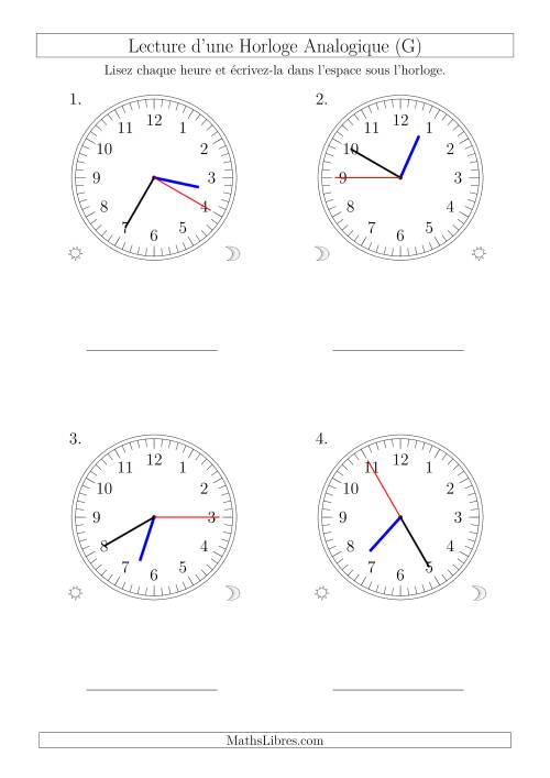 Lecture de l'Heure sur Une Horloge Analogique avec 5 Minutes  & Secondes d'Intervalle (4 Horloges) (G)