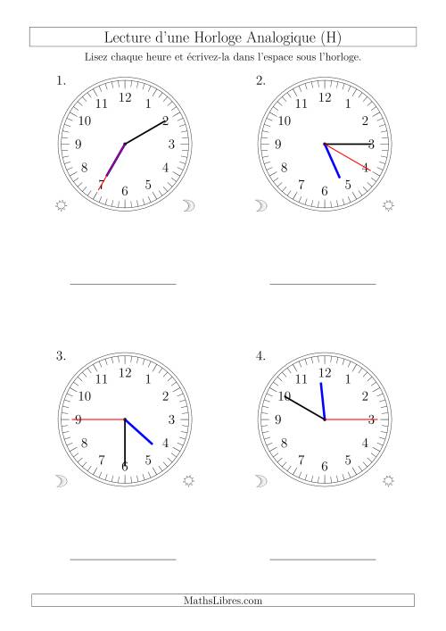 Lecture de l'Heure sur Une Horloge Analogique avec 5 Minutes  & Secondes d'Intervalle (4 Horloges) (H)