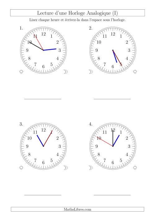 Lecture de l'Heure sur Une Horloge Analogique avec 5 Minutes  & Secondes d'Intervalle (4 Horloges) (I)
