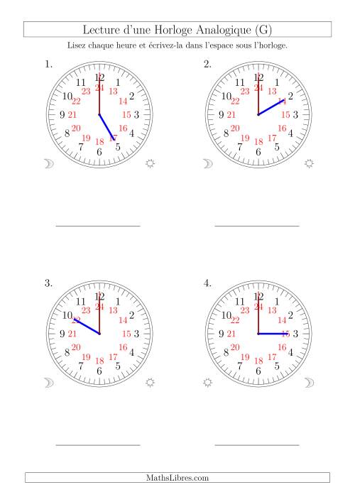 Lecture de l'Heure sur Une Horloge Analogique avec 60 Minutes  & Secondes d'Intervalle (4 Horloges) (G)