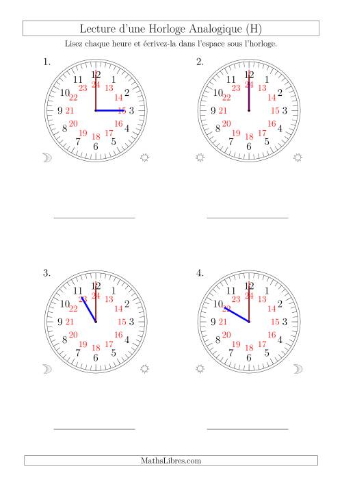 Lecture de l'Heure sur Une Horloge Analogique avec 60 Minutes  & Secondes d'Intervalle (4 Horloges) (H)