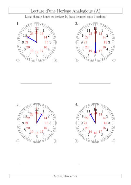 Lecture de l'Heure sur Une Horloge Analogique avec 60 Minutes  & Secondes d'Intervalle (4 Horloges) (Tout)