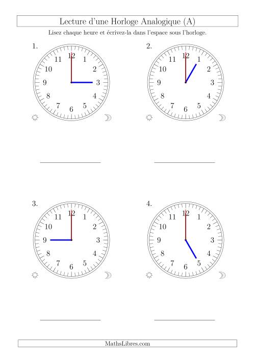 Lecture de l'Heure sur Une Horloge Analogique avec 60 Minutes & Secondes d'Intervalle (4 Horloges) (A)