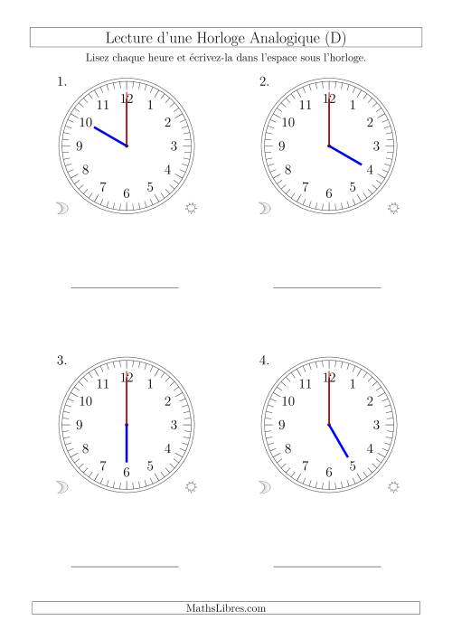 Lecture de l'Heure sur Une Horloge Analogique avec 60 Minutes & Secondes d'Intervalle (4 Horloges) (D)