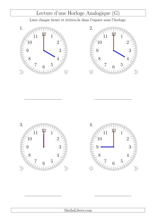 Lecture de l'Heure sur Une Horloge Analogique avec 60 Minutes & Secondes d'Intervalle (4 Horloges) (G)