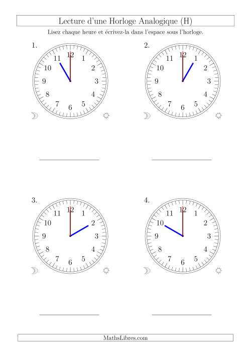 Lecture de l'Heure sur Une Horloge Analogique avec 60 Minutes & Secondes d'Intervalle (4 Horloges) (H)