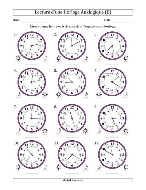 Lecture de l'Heure sur Une Horloge Analogique utilisant le système horaire sur 12 heures avec 1 Minutes d'Intervalle (12 Horloges) (B)