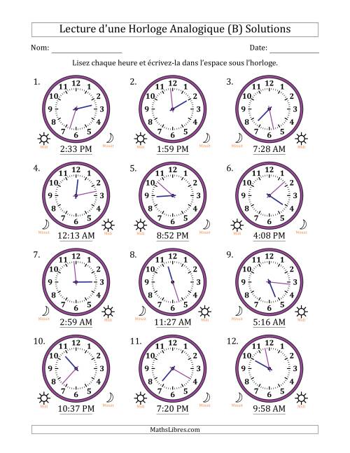 Lecture de l'Heure sur Une Horloge Analogique utilisant le système horaire sur 12 heures avec 1 Minutes d'Intervalle (12 Horloges) (B) page 2
