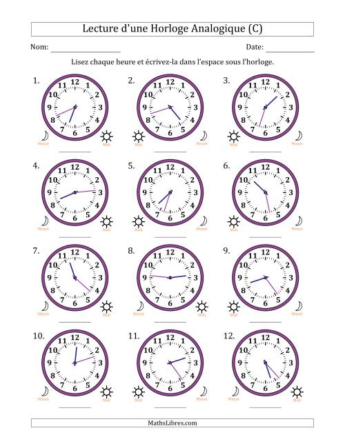 Lecture de l'Heure sur Une Horloge Analogique utilisant le système horaire sur 12 heures avec 1 Minutes d'Intervalle (12 Horloges) (C)