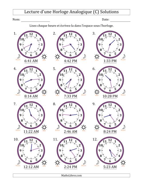Lecture de l'Heure sur Une Horloge Analogique utilisant le système horaire sur 12 heures avec 1 Minutes d'Intervalle (12 Horloges) (C) page 2