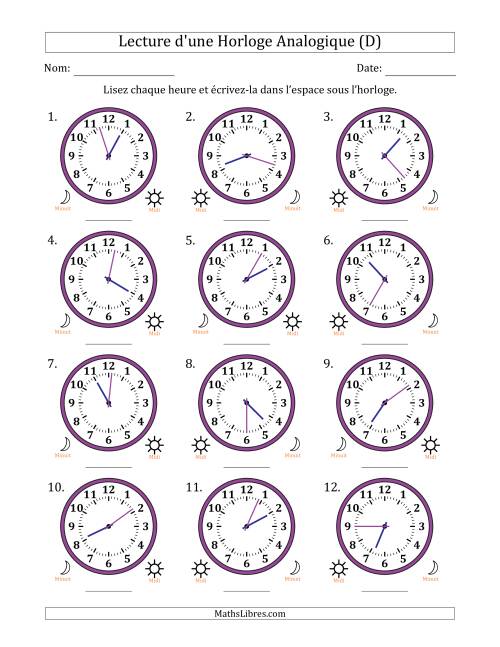 Lecture de l'Heure sur Une Horloge Analogique utilisant le système horaire sur 12 heures avec 1 Minutes d'Intervalle (12 Horloges) (D)