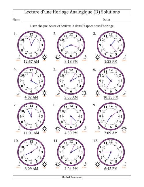 Lecture de l'Heure sur Une Horloge Analogique utilisant le système horaire sur 12 heures avec 1 Minutes d'Intervalle (12 Horloges) (D) page 2