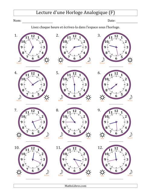 Lecture de l'Heure sur Une Horloge Analogique utilisant le système horaire sur 12 heures avec 1 Minutes d'Intervalle (12 Horloges) (F)