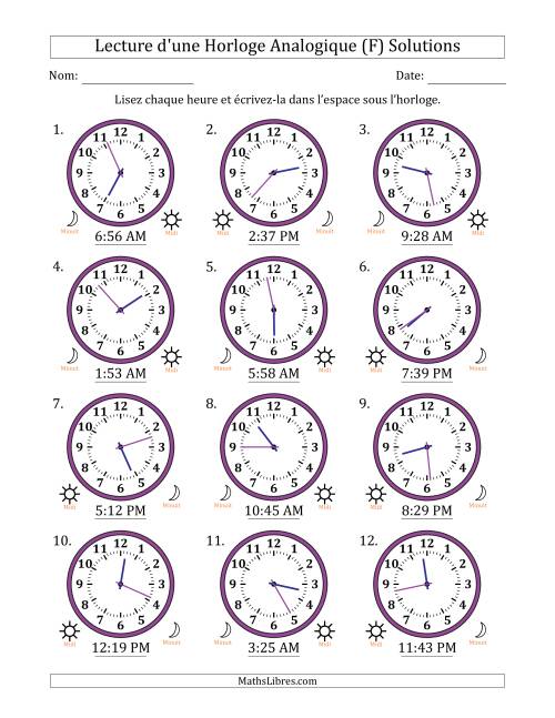 Lecture de l'Heure sur Une Horloge Analogique utilisant le système horaire sur 12 heures avec 1 Minutes d'Intervalle (12 Horloges) (F) page 2