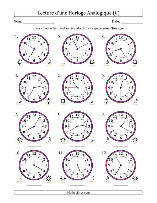 Lecture de l'Heure sur Une Horloge Analogique utilisant le système horaire sur 12 heures avec 5 Minutes d'Intervalle (12 Horloges) (C)