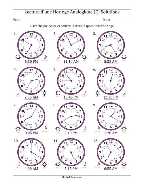 Lecture de l'Heure sur Une Horloge Analogique utilisant le système horaire sur 12 heures avec 5 Minutes d'Intervalle (12 Horloges) (C) page 2