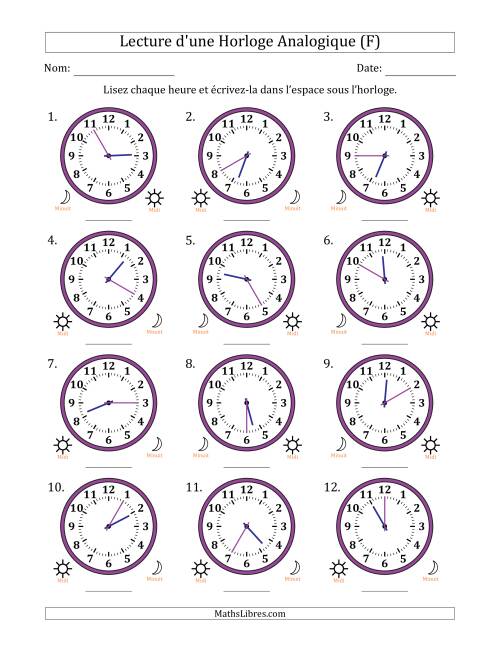 Lecture de l'Heure sur Une Horloge Analogique utilisant le système horaire sur 12 heures avec 5 Minutes d'Intervalle (12 Horloges) (F)
