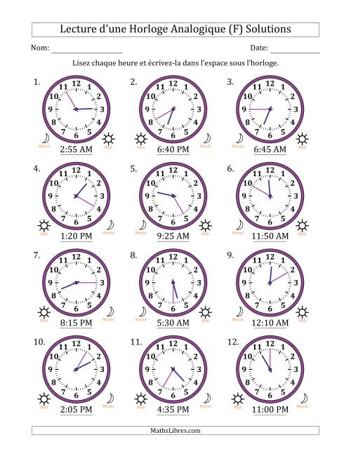 Lecture de l'Heure sur Une Horloge Analogique utilisant le système horaire sur 12 heures avec 5 Minutes d'Intervalle (12 Horloges) (F) page 2