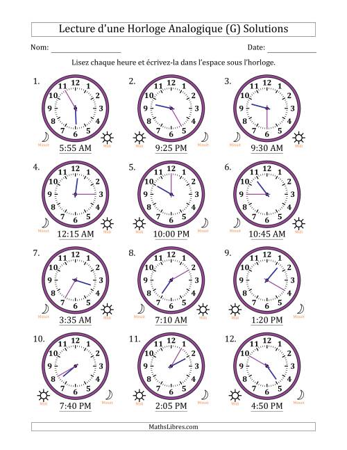 Lecture de l'Heure sur Une Horloge Analogique utilisant le système horaire sur 12 heures avec 5 Minutes d'Intervalle (12 Horloges) (G) page 2