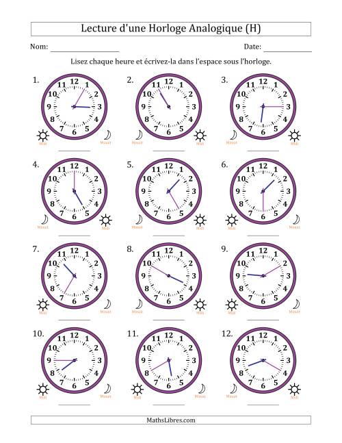 Lecture de l'Heure sur Une Horloge Analogique utilisant le système horaire sur 12 heures avec 5 Minutes d'Intervalle (12 Horloges) (H)