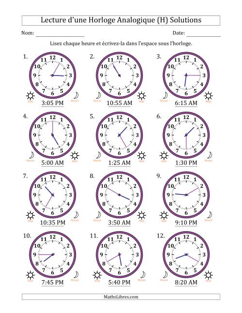 Lecture de l'Heure sur Une Horloge Analogique utilisant le système horaire sur 12 heures avec 5 Minutes d'Intervalle (12 Horloges) (H) page 2