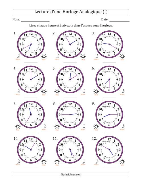 Lecture de l'Heure sur Une Horloge Analogique utilisant le système horaire sur 12 heures avec 5 Minutes d'Intervalle (12 Horloges) (I)