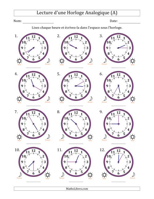 Lecture de l'Heure sur Une Horloge Analogique utilisant le système horaire sur 12 heures avec 5 Minutes d'Intervalle (12 Horloges) (Tout)