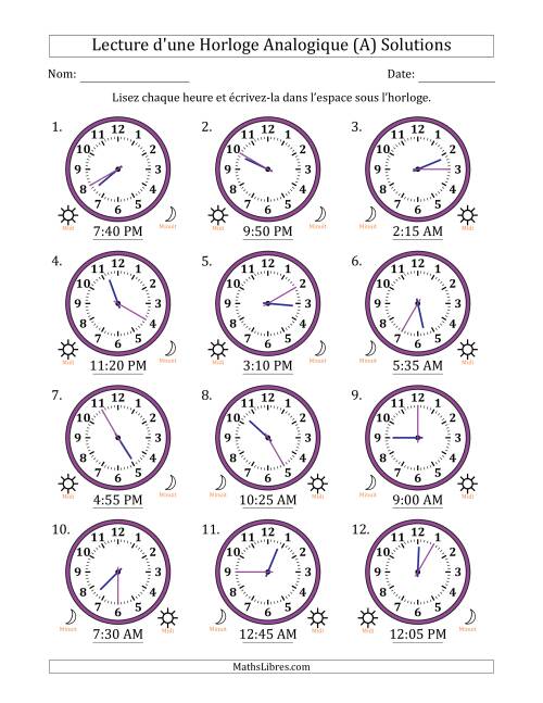 Lecture de l'Heure sur Une Horloge Analogique utilisant le système horaire sur 12 heures avec 5 Minutes d'Intervalle (12 Horloges) (Tout) page 2