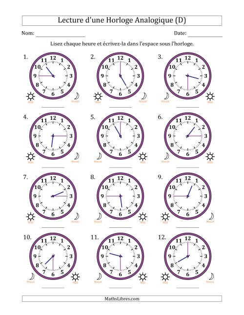 Lecture de l'Heure sur Une Horloge Analogique utilisant le système horaire sur 12 heures avec 15 Minutes d'Intervalle (12 Horloges) (D)