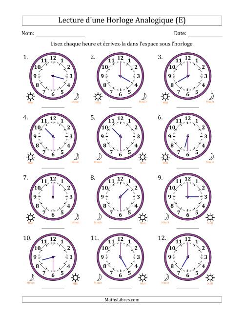 Lecture de l'Heure sur Une Horloge Analogique utilisant le système horaire sur 12 heures avec 30 Minutes d'Intervalle (12 Horloges) (E)