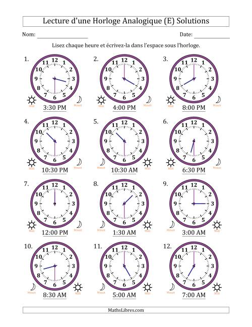 Lecture de l'Heure sur Une Horloge Analogique utilisant le système horaire sur 12 heures avec 30 Minutes d'Intervalle (12 Horloges) (E) page 2