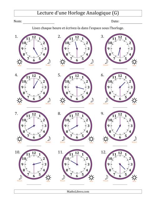Lecture de l'Heure sur Une Horloge Analogique utilisant le système horaire sur 12 heures avec 30 Minutes d'Intervalle (12 Horloges) (G)