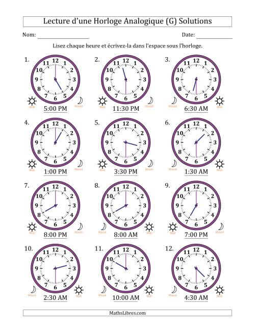 Lecture de l'Heure sur Une Horloge Analogique utilisant le système horaire sur 12 heures avec 30 Minutes d'Intervalle (12 Horloges) (G) page 2