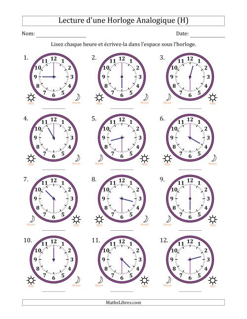 Lecture de l'Heure sur Une Horloge Analogique utilisant le système horaire sur 12 heures avec 30 Minutes d'Intervalle (12 Horloges) (H)
