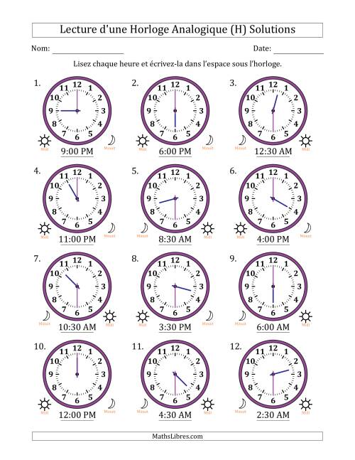 Lecture de l'Heure sur Une Horloge Analogique utilisant le système horaire sur 12 heures avec 30 Minutes d'Intervalle (12 Horloges) (H) page 2