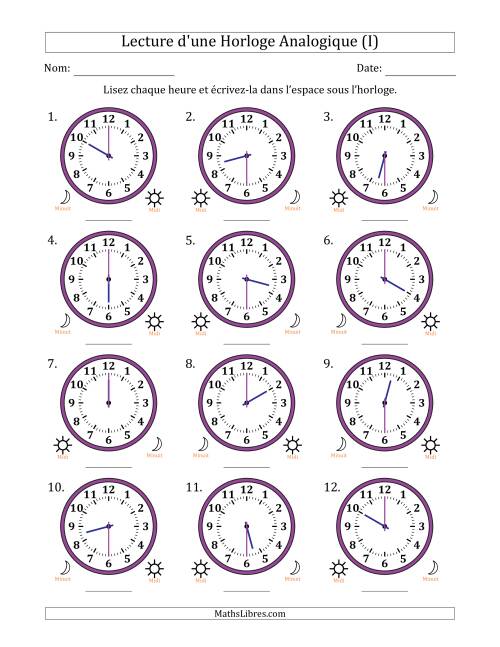 Lecture de l'Heure sur Une Horloge Analogique utilisant le système horaire sur 12 heures avec 30 Minutes d'Intervalle (12 Horloges) (I)