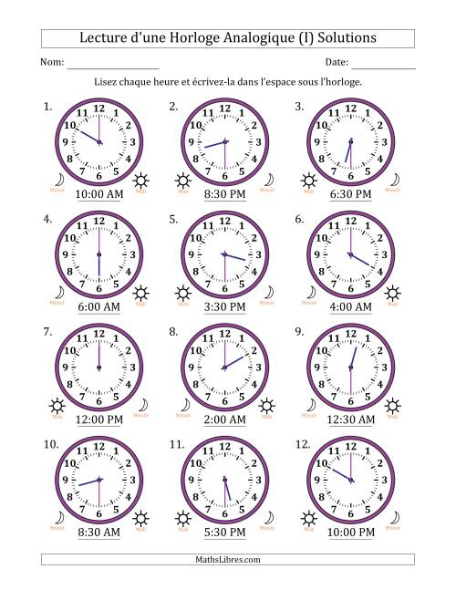 Lecture de l'Heure sur Une Horloge Analogique utilisant le système horaire sur 12 heures avec 30 Minutes d'Intervalle (12 Horloges) (I) page 2