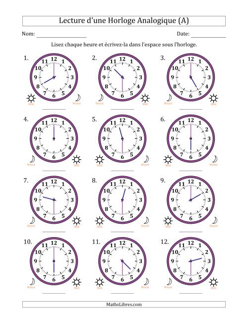 Lecture de l'Heure sur Une Horloge Analogique utilisant le système horaire sur 12 heures avec 30 Minutes d'Intervalle (12 Horloges) (Tout)