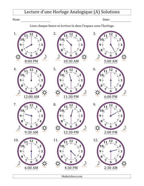 Lecture de l'Heure sur Une Horloge Analogique utilisant le système horaire sur 12 heures avec 30 Minutes d'Intervalle (12 Horloges) (Tout) page 2