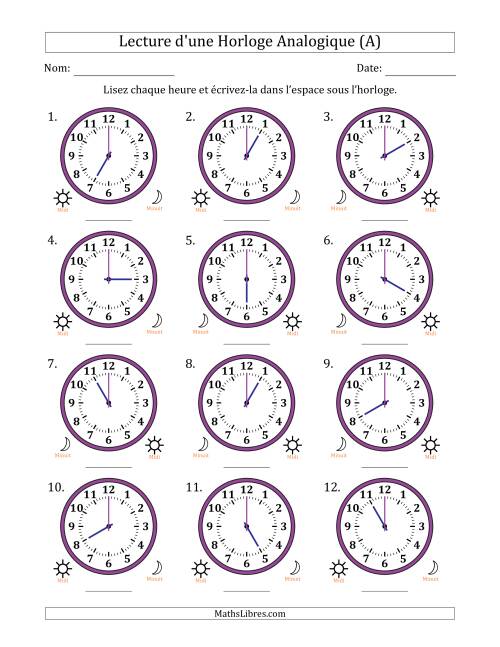 Lecture de l'Heure sur Une Horloge Analogique utilisant le système horaire sur 12 heures avec 1 Heures d'Intervalle (12 Horloges) (A)
